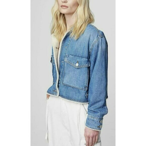 Blank NYC $148 Faux Fur Sherpa Lined Crop Denim Jacket Size Small NWT - Picture 2 of 9